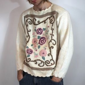 Floral Hand Knitted Sweater with Scallop Hems